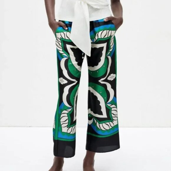 Zara Pants - Zara kaleidoscope print flowy satin wide leg pant black, white, blue and green